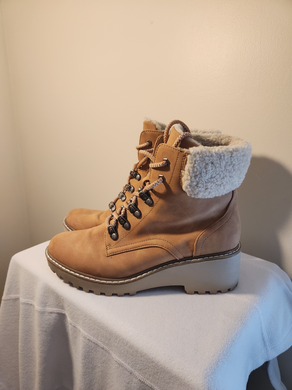 Women's Tan Faux-Sheepskin Collar Hiking Boots